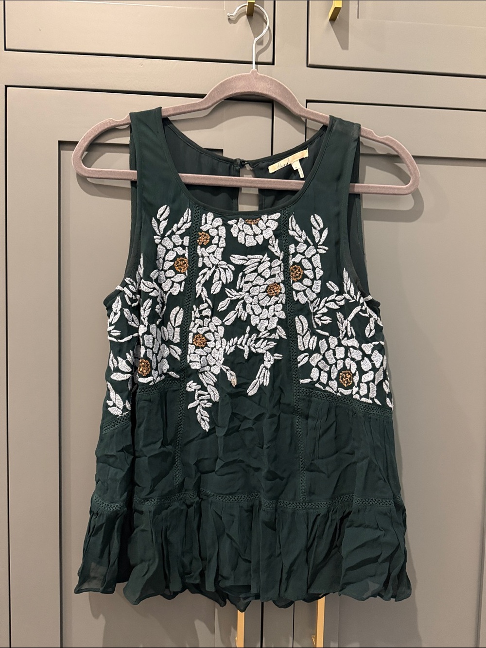 Anthropologie Dark Green Embroidered Floral Sleeveless Top